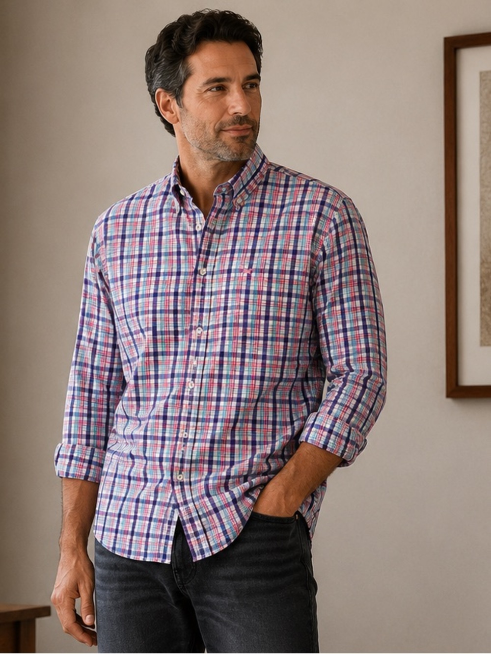 Ferrini Multi-Color Plaid Button-Down Shirt. BB27